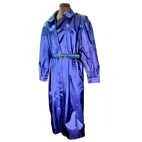 Vintage Blue Shiny Long Rain Trench Coat 16 Classic Spring Statement Feminine - Picture 2 of 8